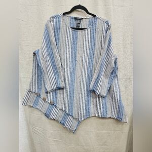 Ali Miles Cotton Linen Tunic Top Blue Striped Asymmetrical Hem 3/4 Sleeve Size1X